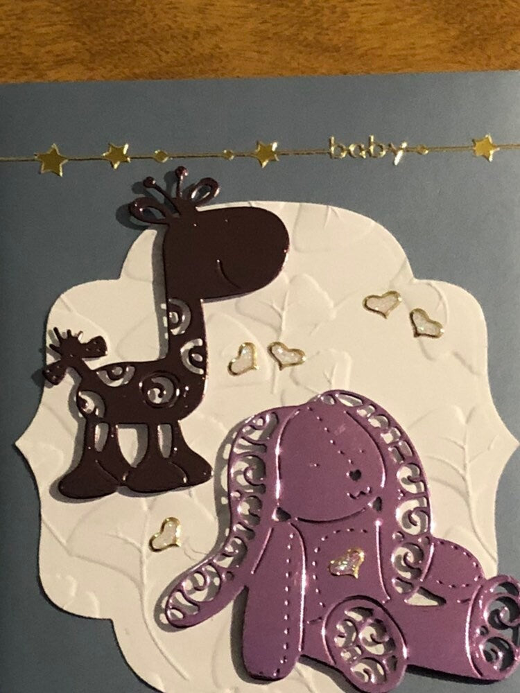 New Baby Giraffe and Teddy Bear Congratulations Handmade Card