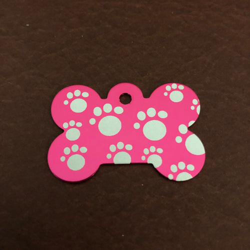 Multi Paw Prints Pattern Design, Large Pink Bone, Personalized Aluminum Tag, Diamond Engraved, Dog Tag, ID Tag, Puppy Tag Tag For Dog Collar