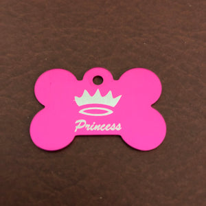 Princess Crown Large Pink Bone Personalized Aluminum Tag Diamond Engraved Dog Tag, ID Tag, Small Animal Tag, Human ID Tag, Puppy Tag, PCLPB
