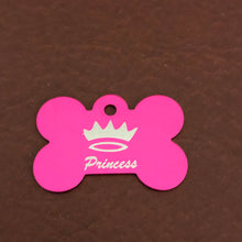 Load image into Gallery viewer, Princess Crown Large Pink Bone Personalized Aluminum Tag Diamond Engraved Dog Tag, ID Tag, Small Animal Tag, Human ID Tag, Puppy Tag, PCLPB