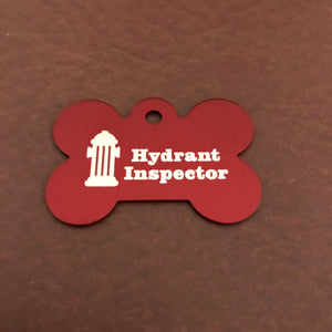 Hydrant Inspector Fire Hydrant Inspector, Large Red Bone Personalized Aluminum Tag, Diamond Engraved, Dog Tag, Puppy Tag, Tag for Dog Collar