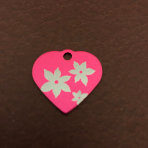 Lily Floral Print Flowers Small Pink Heart Aluminum Tag Personalized Diamond Engraved Pet Tag, Cat Tag, Dog Tag, ID Tag, For Collars. LFPSPH