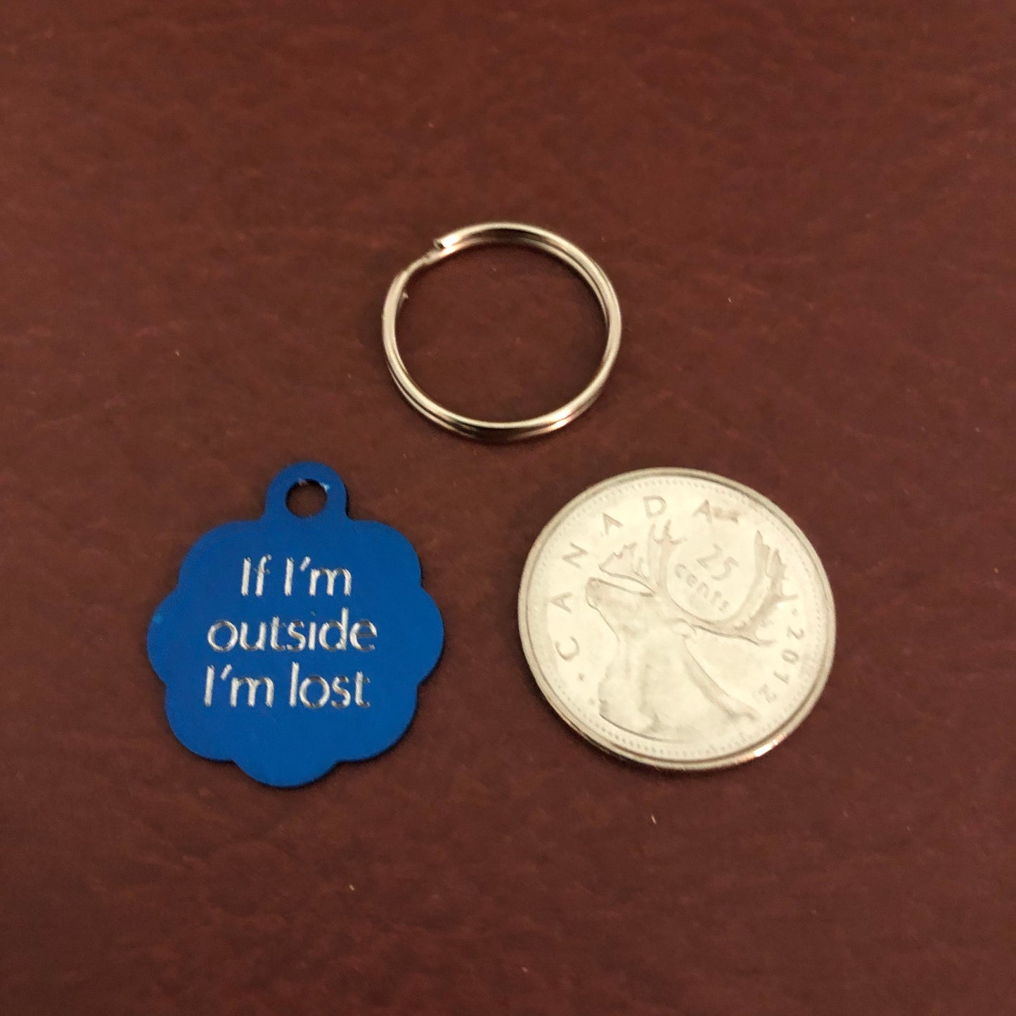 If I'm outside I’m lost, Small Blue Rosette Aluminum Tag, Personalized Diamond Engraved, Cat Tag, ID Tag, For Cat Collar, Lost Cat ID
