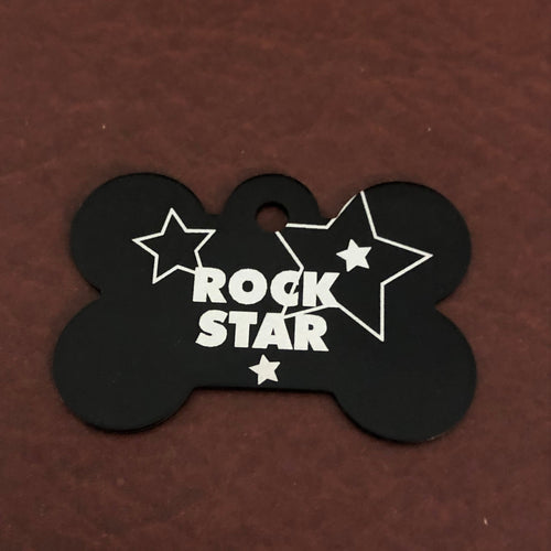 Rock Star, Large Black Bone Tag, Personalized Aluminum Tag, Diamond Engraved, Dog Tag, Puppy For Dog Collar, Lost Dog ID, For Puppy Collar