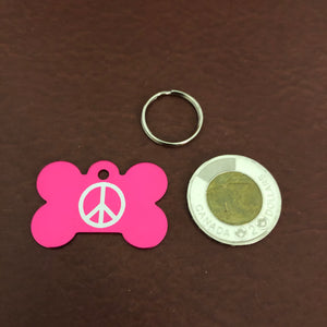 Peace Sign, Large Pink Bone, Personalized Aluminum Tag, Diamond Engraved, Dog Tag, Cat Tag, Small Animal Tag, Human ID Tag, Kitty Tag, Puppy