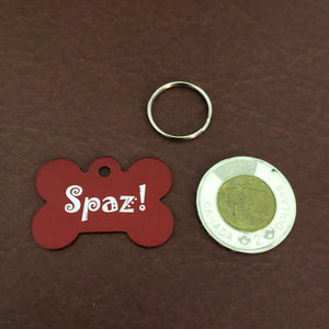 Spaz! Large Red Bone Personalized Aluminum Tag Diamond Engraved Dog Tag Puppy Tag SPAZLRB