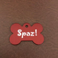 Load image into Gallery viewer, Spaz! Large Red Bone Personalized Aluminum Tag Diamond Engraved Dog Tag Puppy Tag SPAZLRB
