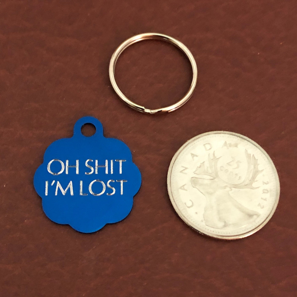 Oh shit I'm lost, Small Blue Rosette Aluminum Tag, Personalized Diamond Engraved, Cat Tags, ID Tags, Dog Tags for car collar for dog collar