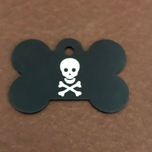 It is a large black bone aluminum tag with a skull and bones on it. The Tag measures approximately 1 9/16"W x 1 1/16"H.