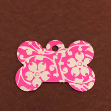 Load image into Gallery viewer, Ornate Floral Print, Large Pink Bone, Personalized Diamond Engraved, Dog Tag, Small Animal Tag, Kitty Tag, Puppy Tag, For Dog Collar, OFPLPB