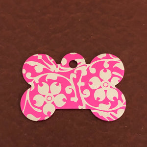 Ornate Floral Print, Large Pink Bone, Personalized Diamond Engraved, Dog Tag, Small Animal Tag, Kitty Tag, Puppy Tag, For Dog Collar, OFPLPB