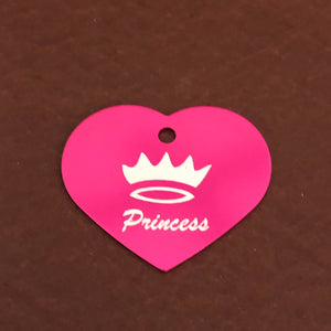 Princess Crown, Large Pink Heart, Aluminum Tag, Diamond Engraved, Personalized Dog Tag Cat Tag For Dog Collars For Cat Collars For Backpacks