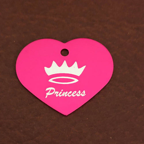 Princess Crown, Large Pink Heart, Aluminum Tag, Diamond Engraved, Personalized Dog Tag Cat Tag For Dog Collars For Cat Collars For Backpacks