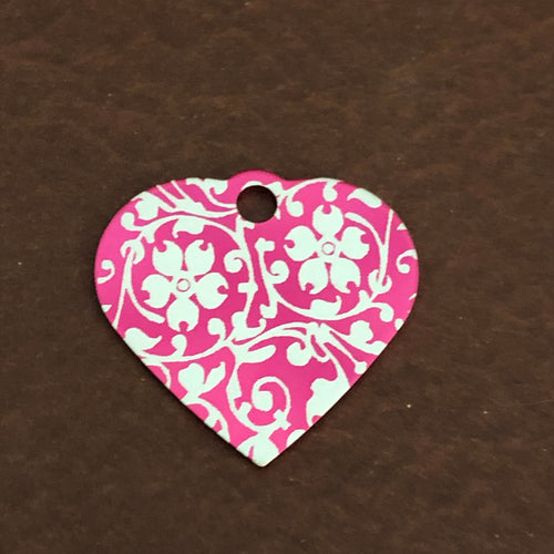 Ornate Floral Print, Small Pink Heart, Aluminum Tag Personalized, Diamond Engraved, Pet Tag, Cat Tag, Dog Tag, For Bags, For Collars, OFPSPH