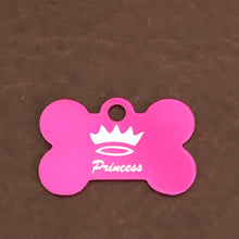 Load image into Gallery viewer, Princes Crown Design, Small Pink Bone, Personalized Aluminum Tag, Diamond Engraved, Dog Tag, Pet Tag, Puppy, ID Tags For Dog Collars, PCSPB