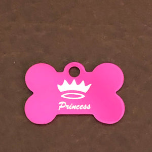 Princes Crown Design, Small Pink Bone, Personalized Aluminum Tag, Diamond Engraved, Dog Tag, Pet Tag, Puppy, ID Tags For Dog Collars, PCSPB
