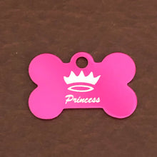 Load image into Gallery viewer, Princes Crown Design, Small Pink Bone, Personalized Aluminum Tag, Diamond Engraved, Dog Tag, Pet Tag, Puppy, ID Tags For Dog Collars, PCSPB