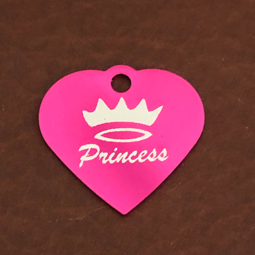 Princess Crown Print Small Pink Heart, Aluminum Tag Personalized Diamond Engraved, Pet Tag, Cat Tag, Dog Tag, For Bags, For Collars. PPCSPH