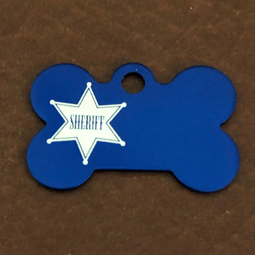 Sheriff Tag, Sheriff, Small Blue Bone, Personalized Aluminum Tag, Diamond Engraved Dog Tag ID Tags, For Dog Collars For Puppy Collar SBSBB