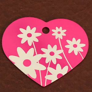 Daisy Floral Print Large Pink Heart Aluminum Tag Diamond Engraved Personalized Dog Tag Cat Tag For Dog Collars For Cat Collars, Bags DFPLPH