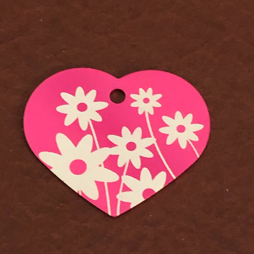 Daisy Floral Print Large Pink Heart Aluminum Tag Diamond Engraved Personalized Dog Tag Cat Tag For Dog Collars For Cat Collars, Bags DFPLPH