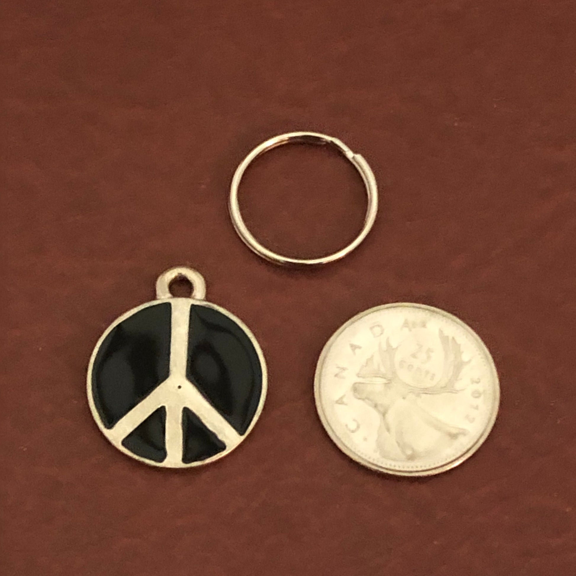 Black Peace Sign Small Pewter Circle Tag Personalized Diamond Engraved Dog Tag, Cat Tag For Dog Collar, For Cat Collar, BPSSPC