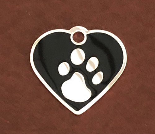 Paw Tag, Small Black Heart, Silver Plated Brass Tag, Pawsh Tag, Diamond Engraved Personalized Dog Tag, Cat Tag For Dog Collar, PTSBKHS