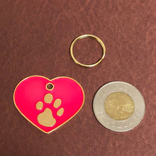 Load image into Gallery viewer, Paw Tag, Large Pink Heart Gold Plated Brass Tag, Pawsh Tag, Diamond Engraved Personalized Dog Tag, Cat Tag, For Dog Collar, PTLPHG