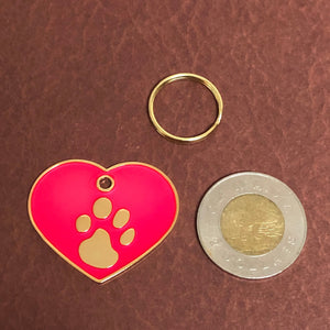 Paw Tag, Large Pink Heart Gold Plated Brass Tag, Pawsh Tag, Diamond Engraved Personalized Dog Tag, Cat Tag, For Dog Collar, PTLPHG