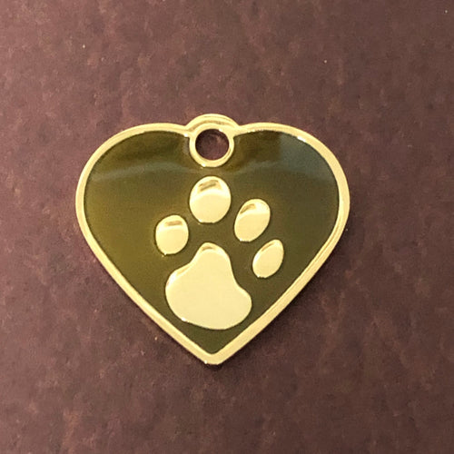 Paw Tag, Small Brown Heart, Gold Plated Brass Tag, Pawsh Tag, Diamond Engraved Personalized Dog Tag, Cat Tag For Dog Collar, PTSBNHG