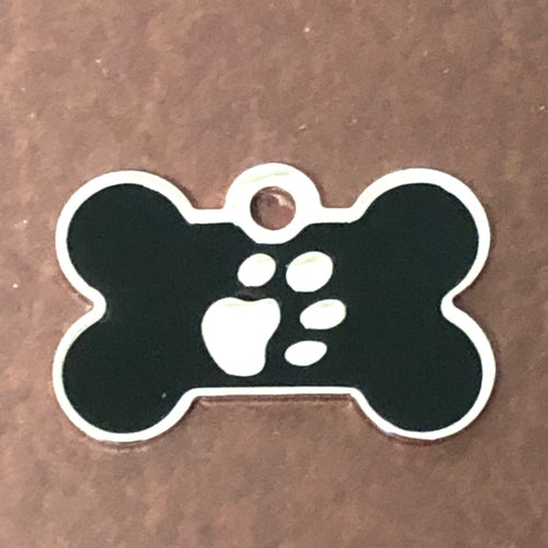 Paw Tag, Small Black Bone, Silver Plated Brass Tag, Pawsh Tag, Diamond Engraved Personalized Dog Tag, Cat Tag, For Dog Collar, PTSBKBS