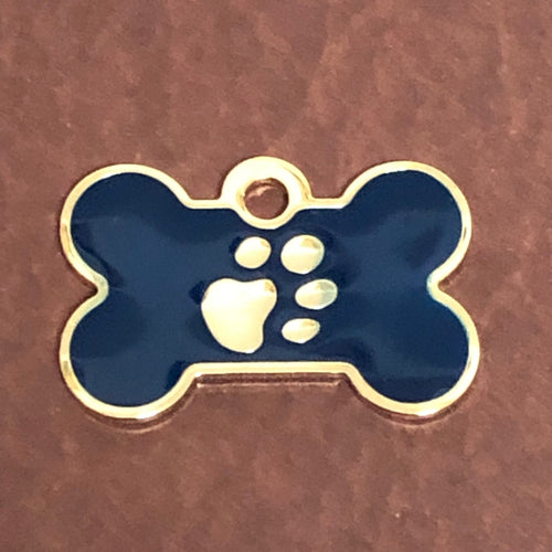 Paw Tag, Small Blue Bone, Gold Plated Brass Tag, Pawsh Tag, Diamond Engraved Personalized Dog Tag, For Dog Collar, Lost Dog ID, PTSBEBG