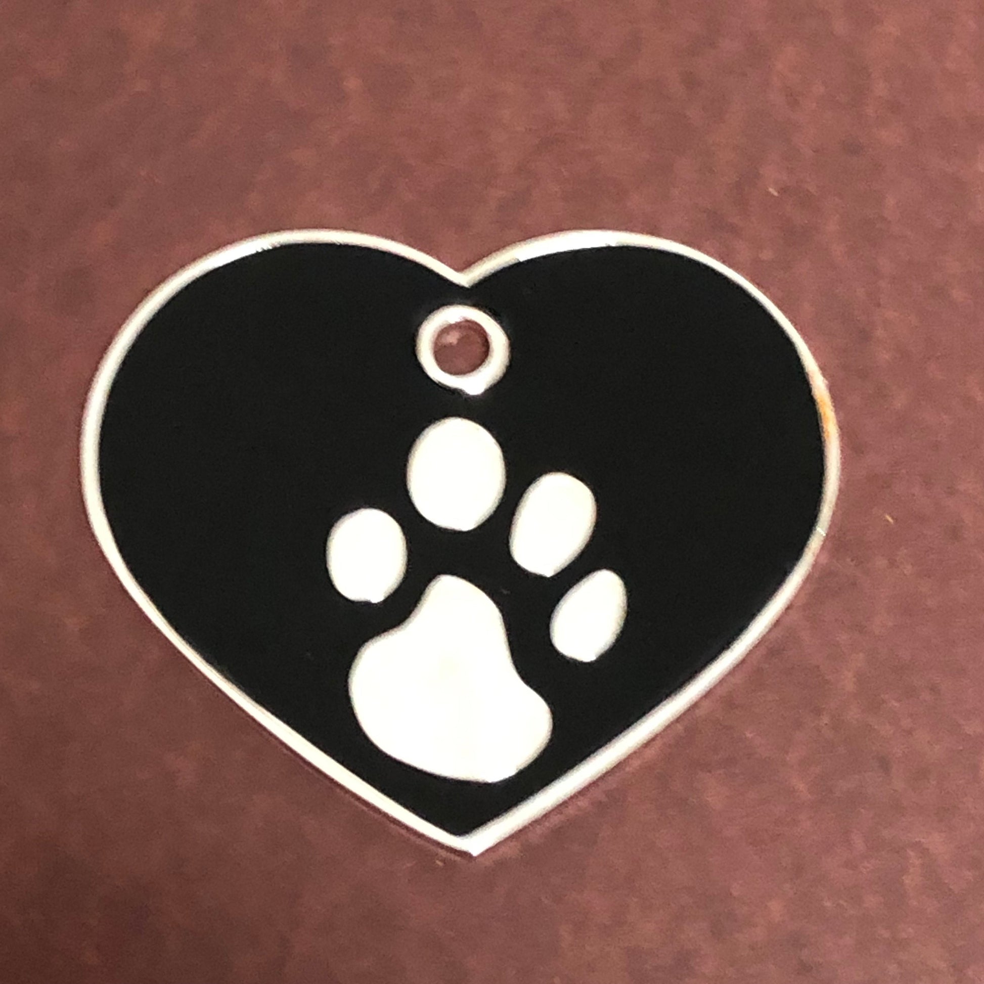 Paw Tag, Large Black Heart Silver Plated Brass Tag, Pawsh Tag, Diamond Engraved Personalized Dog Tag Cat Tag For Dog Collars, PTLBKHS