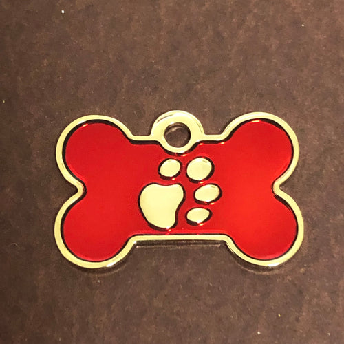 Paw Tag, Small Red Bone, Gold Plated Brass Tag, Pawsh Tag, Diamond Engraved Personalized Dog Tag, For Dog Collar, Lost Dog ID, PTSRBG
