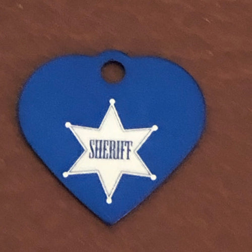 Sheriff, Sheriff Star, Small Blue Heart Aluminum Tag Personalized Diamond Engraved Pet Tag, Cat Tag, Dog Tag, For Dog Collars, SBSBH