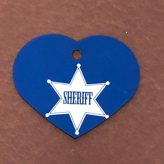 Sheriff, Sheriff Tag, Large Blue Heart Aluminum Tag Personalized Diamond Engraved Pet Tag, Cat Tag, Dog Tag, For Dog Collars, LBSBH