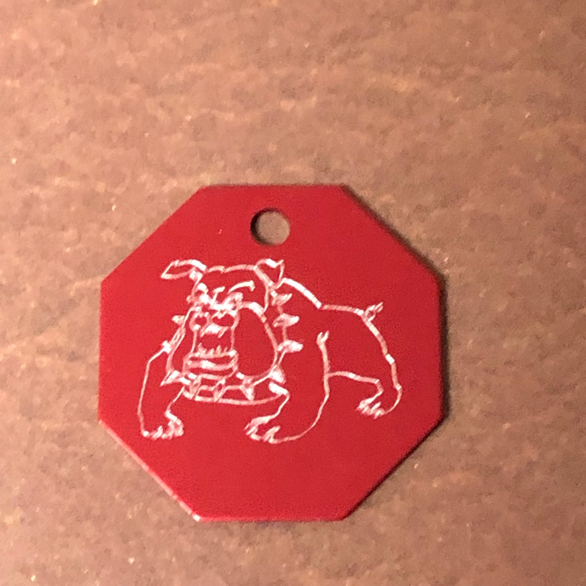 Bulldog, Dog, Large Stop Sign, Personalized Aluminum Tag Diamond Engraved Tag ID For Bags, Key Chains. CAJAPLSS