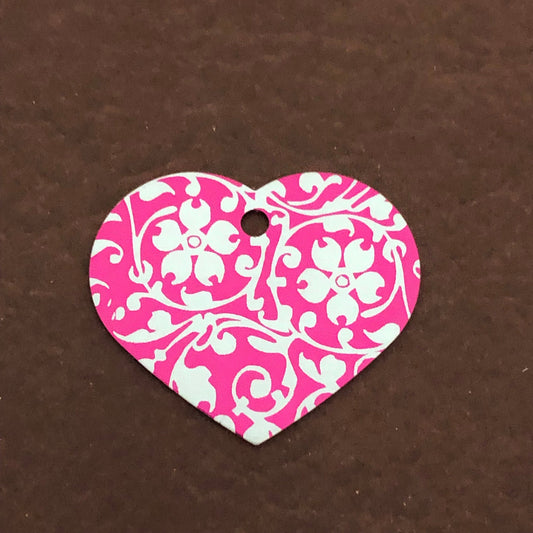 Ornate Floral Print Large Pink Heart Personalized Aluminum Tag, Diamond Engraved, Key Chain, Keychain, For Lost Keys OFPLPH2