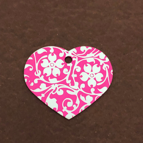 Ornate Floral Print Large Pink Heart Personalized Aluminum Tag, Diamond Engraved, Key Chain, Keychain, For Lost Keys OFPLPH