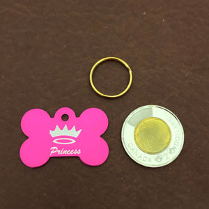 Princess Crown Large Pink Bone Personalized Aluminum Tag Diamond Engraved Dog Tag, ID Tag, Small Animal Tag, Human ID Tag, Puppy Tag, PCLPB