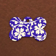 Load image into Gallery viewer, Ornate Floral Print Large Purple Bone, Personalized Aluminum Tag, Diamond Engraved, Dog Tag Cat Tag Small Animal Tag Kitty Tag Puppy OFPLPB