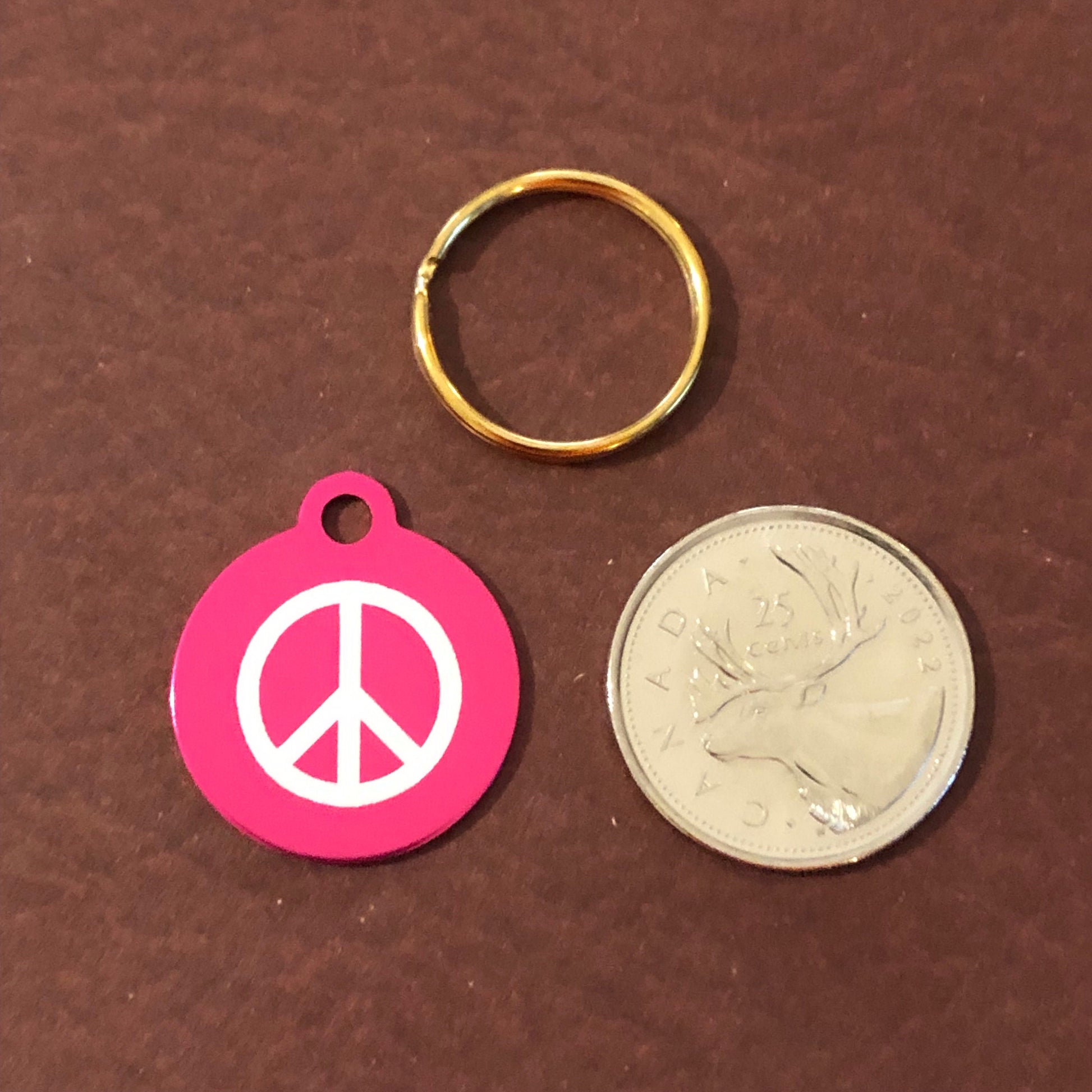 Peace Sign, Small Circle Pink Aluminum Tag, Personalized Diamond Engraved, Dog Tag, ID Tag, Cat Tag, Kitten Tag ,Puppy Tag, For Dog Collar