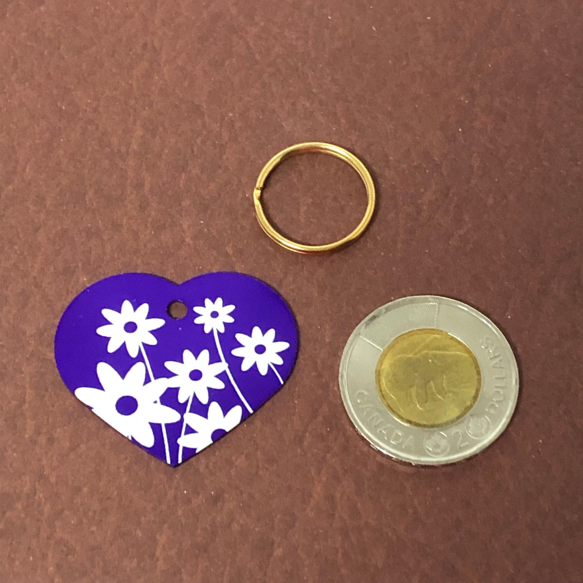 Daisy Floral Print Large Purple Heart Aluminum Tag Diamond Engraved Personalized Dog Tag Cat Tag For Dog Collars For Cat Collars, DFPLPH