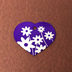 Daisy Floral Print Large Purple Heart Personalized Aluminum Tag, Diamond Engraved, Key Chain, Keychain, For Lost Keys DFPLPUH