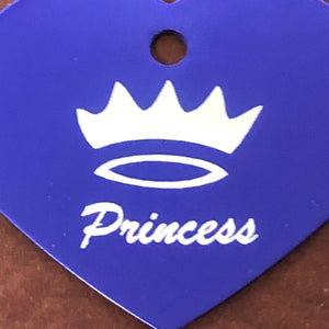 Princess Crown, Large Purple Heart, Aluminum Tag, Diamond Engraved, Personalized Dog Tag Cat Tag For Dog Collars For Cat Collars, Backpacks