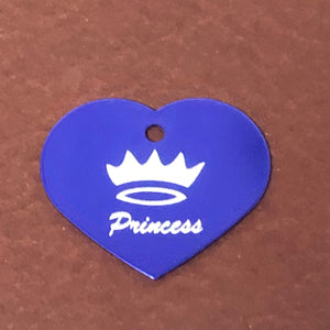 Princess Crown, Large Purple Heart, Aluminum Tag, Diamond Engraved, Personalized Dog Tag Cat Tag For Dog Collars For Cat Collars, Backpacks