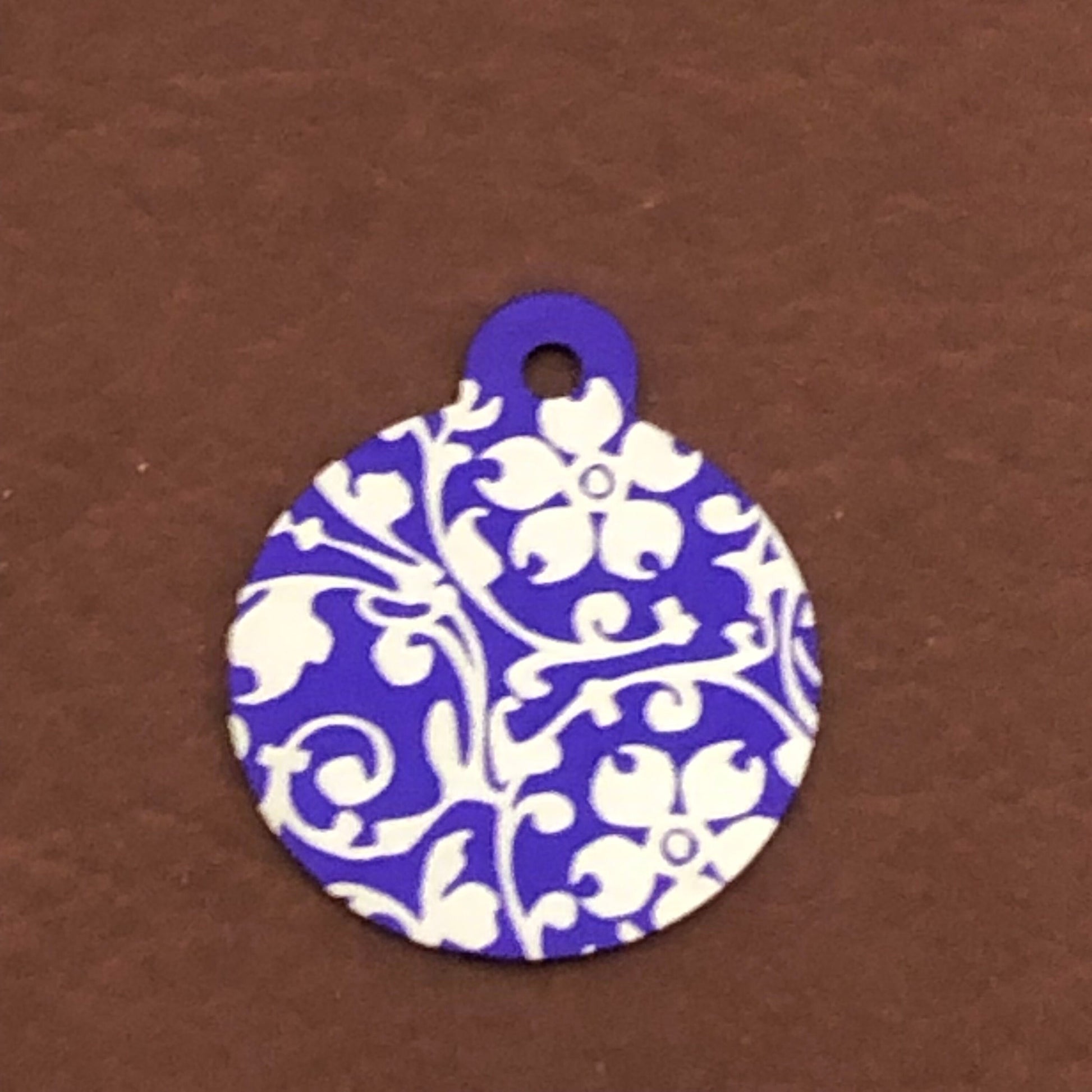 Ornate Floral Print, Large Purple Circle Personalized Aluminum Tag Diamond Engraved For Dog Tag, For Cat Tag, For Cat and Dog Collar ID Tag
