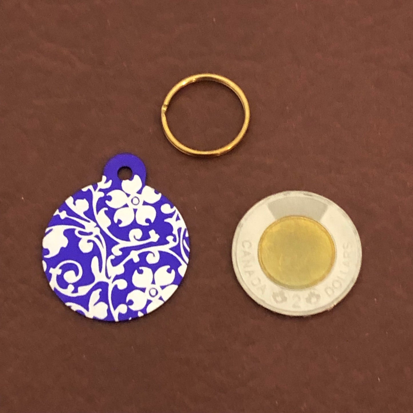 Ornate Floral Print, Large Purple Circle Personalized Aluminum Tag Diamond Engraved For Dog Tag, For Cat Tag, For Cat and Dog Collar ID Tag