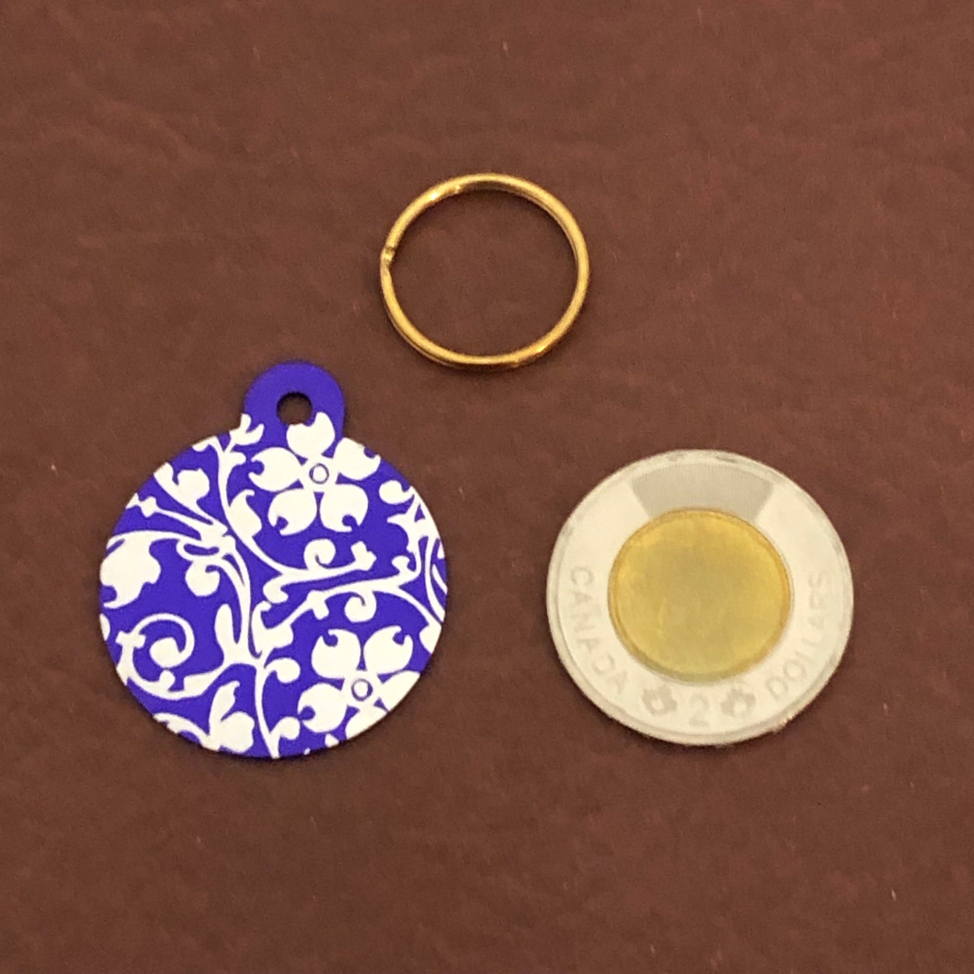 Ornate Floral Print, Large Purple Circle Personalized Aluminum Tag Diamond Engraved For Dog Tag, For Cat Tag, For Cat and Dog Collar ID Tag