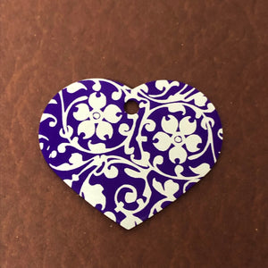 Ornate Floral Print Large Purple Heart Aluminum Tag Diamond Engraved Personalized Dog Tag Cat Tag For Dog Collars For Cat Collar
